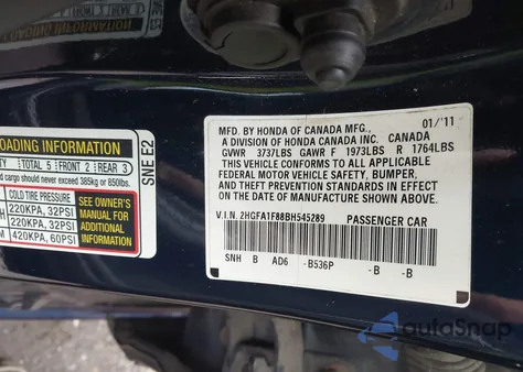 2011 Honda Civic Ex z USA, uszkodzony, nr VIN 2HGFA1F88BH545289